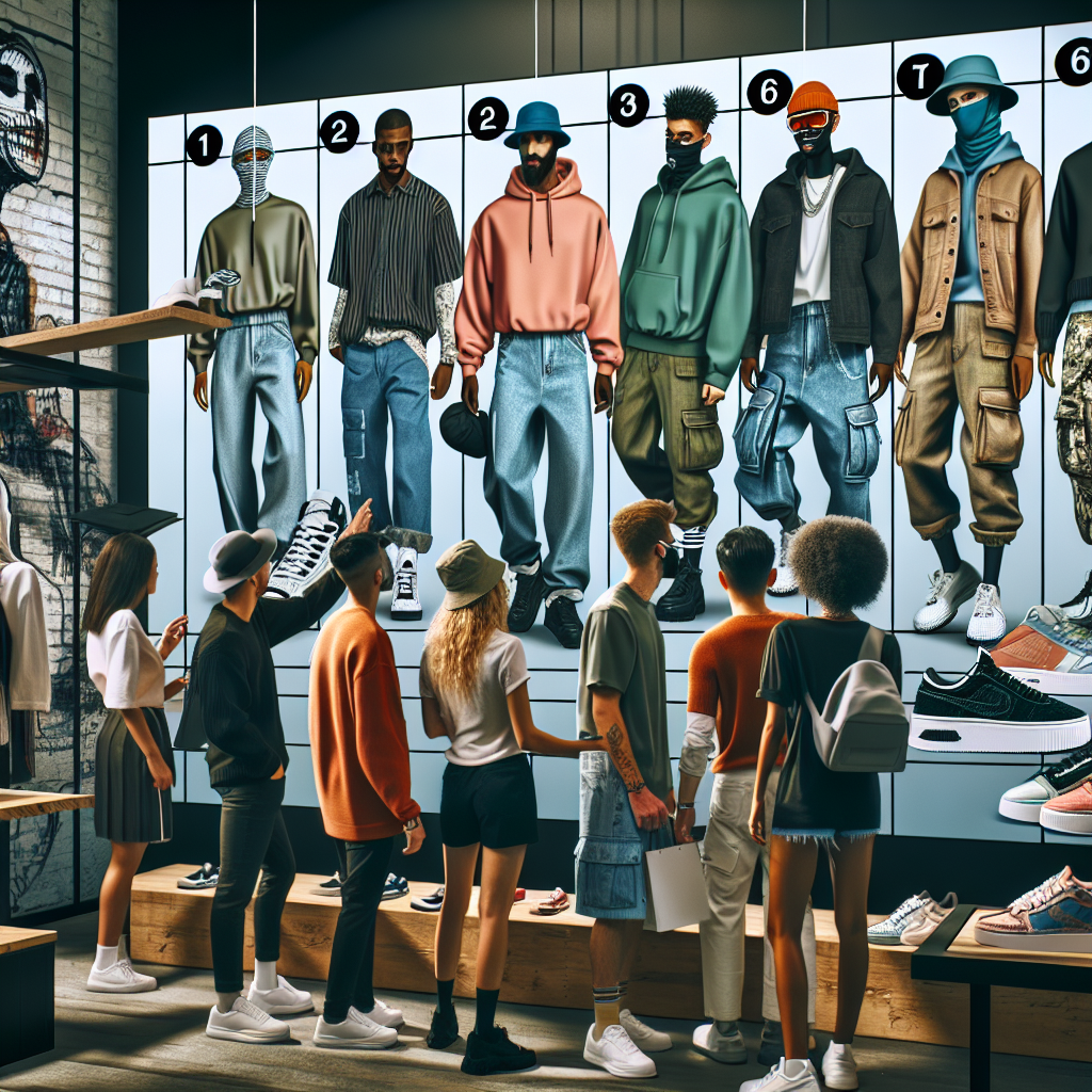 Visualize an urban shopping scene in a trendy streetwear store. Include a diverse group of customers examining seven unique and exclusive trends of modern streetwear. Display varied and inclusive ethnicities such as Caucasian, Middle-Eastern, Hispanic, Black and South Asian among the shoppers. The first trend features limited-edition sneakers, the second oversized graphic tees, the third baggy cargo pants, the fourth bucket hats, the fifth chunky accessories, the sixth brightly-colored jackets, and the seventh statement-making face masks. Convey the atmosphere of excitement and interest amid fashion-forward and style-savvy consumers.