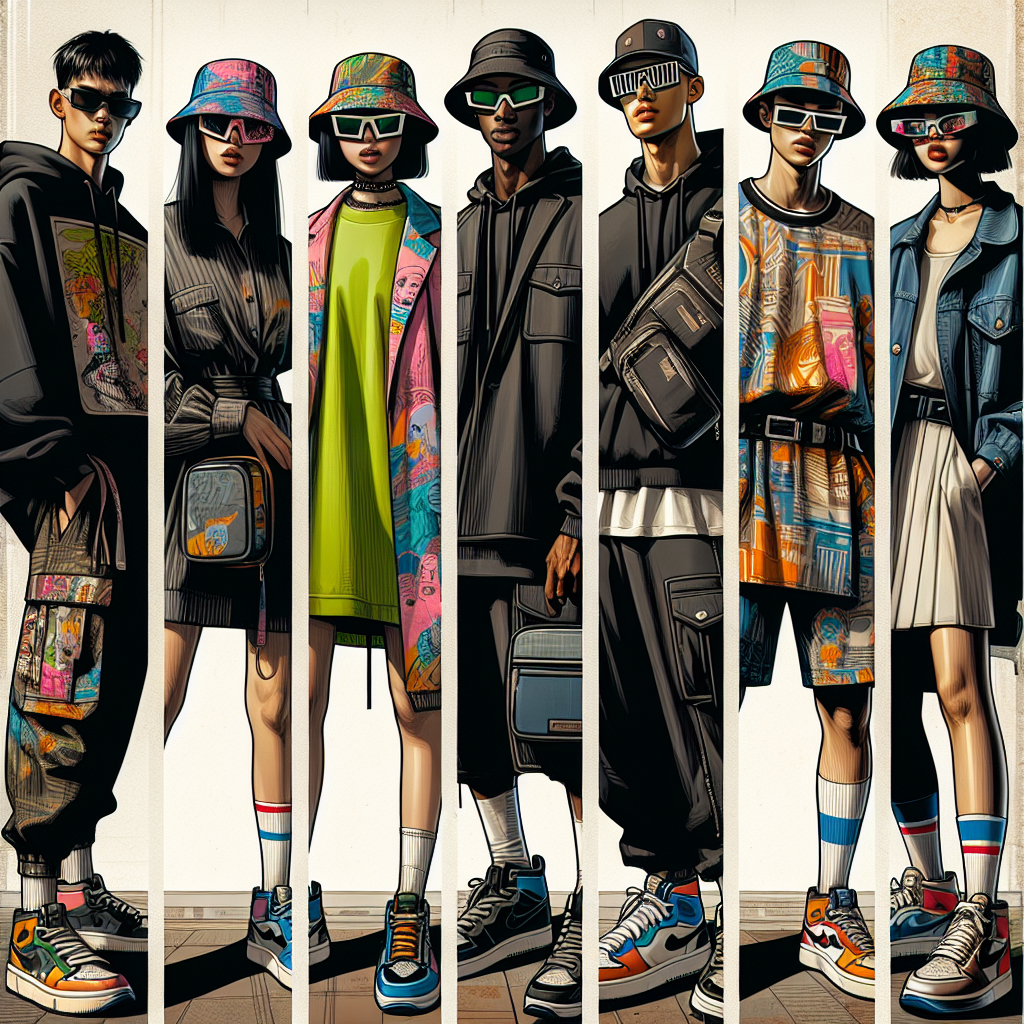 Showcase a bustling, contemporary urban scene with a focus on seven distinct individuals, each sporting a unique and trendy streetwear outfit. The individuals should come from a diverse range of descents and genders. The first person, a Middle-Eastern male, wears a black oversized hoodie with vibrant graffiti prints. The second individual, a Hispanic female, sports a bucket hat with colourful abstract patterns, paired with a cropped denim jacket. A South Asian female comes next in a neon green oversized t-shirt dress. A Caucasian male dons a pair of limited-edition high-top sneakers with striking geometric designs. A Black male showcases a minimalist waist bag with clean lines. The next, a White female wears retro round sunglasses with mirrored lenses. Lastly, an East Asian male sporting a tie-dye baseball cap.