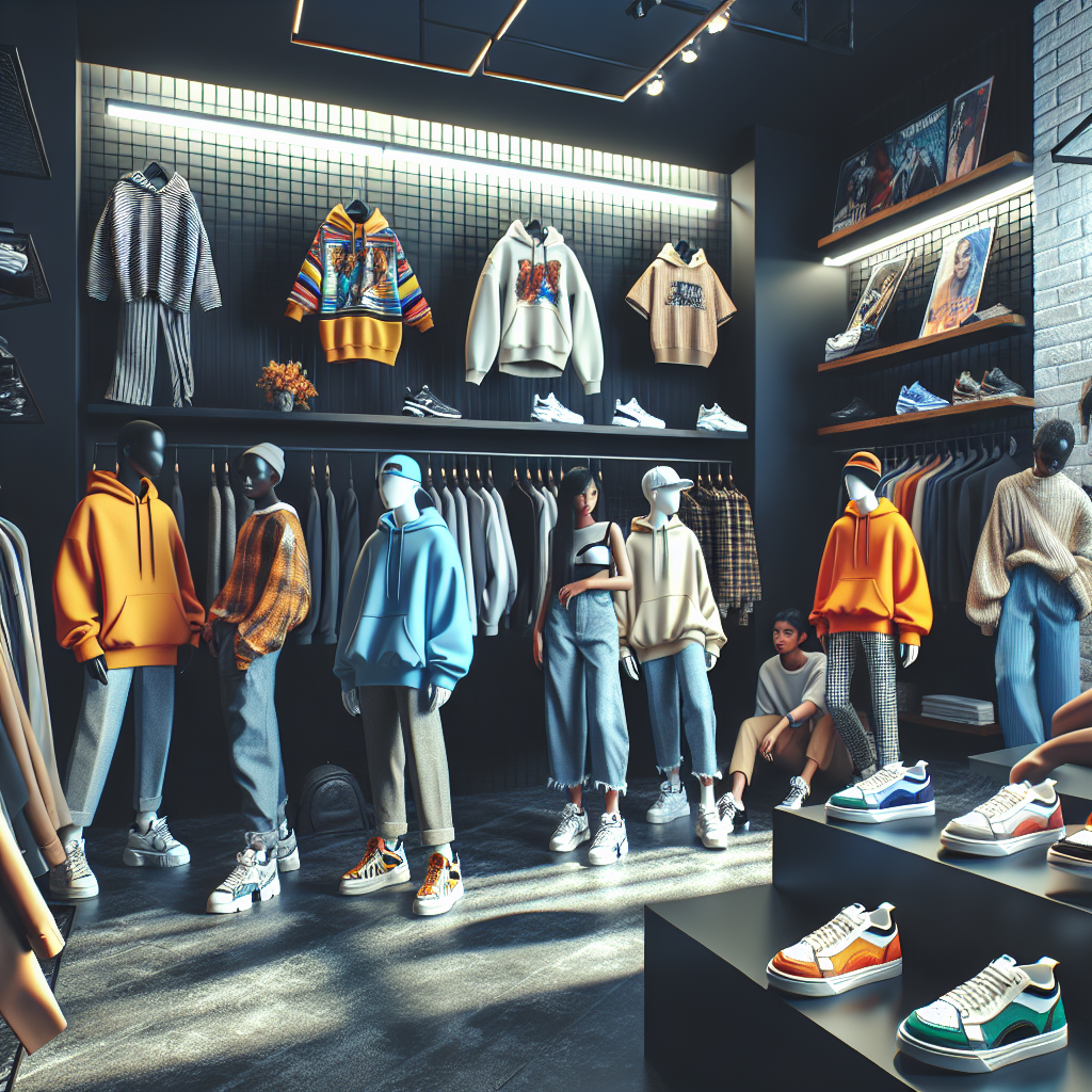 A modern, urban streetwear boutique, packed with the latest trends. The atmosphere buzzes with a youthful, vibrant energy. Show seven exclusive trends that are a must-have for any streetwear enthusiast, all displayed prominently in the shop. Include various clothing items such as oversized hoodies, unique sneakers, graphic t-shirts, and chunky accessories. Each trend is represented by a mix of genders and descents, including but not limited to Asian, Black, Caucasian, and Hispanic individuals. Also incorporate customers of different backgrounds exploring and admiring these stylish pieces.