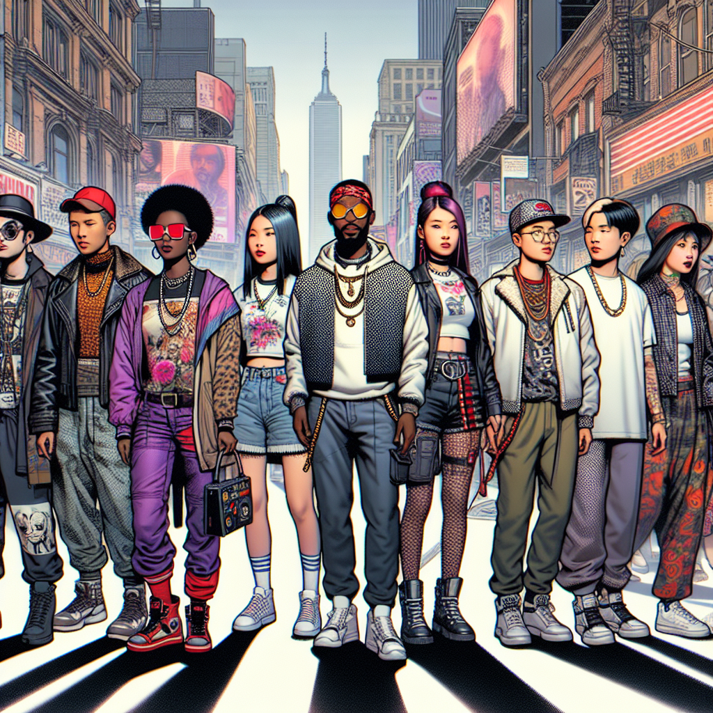 An image showcasing a bustling urban environment to represent the dynamic relationship between streetwear and music. At the forefront, a group of seven people, each of diverse descents and genders, are outfitted in various streetwear styles, each uniquely connected to different music genres. Person 1, a Black woman, is wearing hip-hop inspired streetwear. Person 2, a Hispanic man, dons a punk-influenced outfit. Person 3, a Middle-Eastern non-binary individual, is dressed in K-Pop style streetwear. Person 4, a Caucasian woman, wears grunge-inspired clothing. Person 5, a South Asian man, is in techno-culture style streetwear. Person 6, a White non-binary person, wears indie-music influenced attire and person 7, an East Asian woman, is dressed in a pop-music inspired outfit.