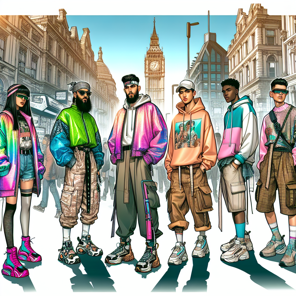 Picture a vibrant illustration of diverse fashion enthusiasts on a city street uniquely sporting the streetwear trends of 2025. On your left, a confident Middle-Eastern woman donning a neon holographic jacket with exaggerated silhouettes and chunky footwear. In the center, a South Asian man in oversized graphic tees, utility trousers, and a pair of futuristic high-top sneakers. To your right, a Caucasian man in an ensemble of pastel-color hoodies, cargo shorts, and sock-fit boots. Fill out the rest of the scene with bustling urban life, architectural details, and street art, encapsulating the energy of the streetwear culture.