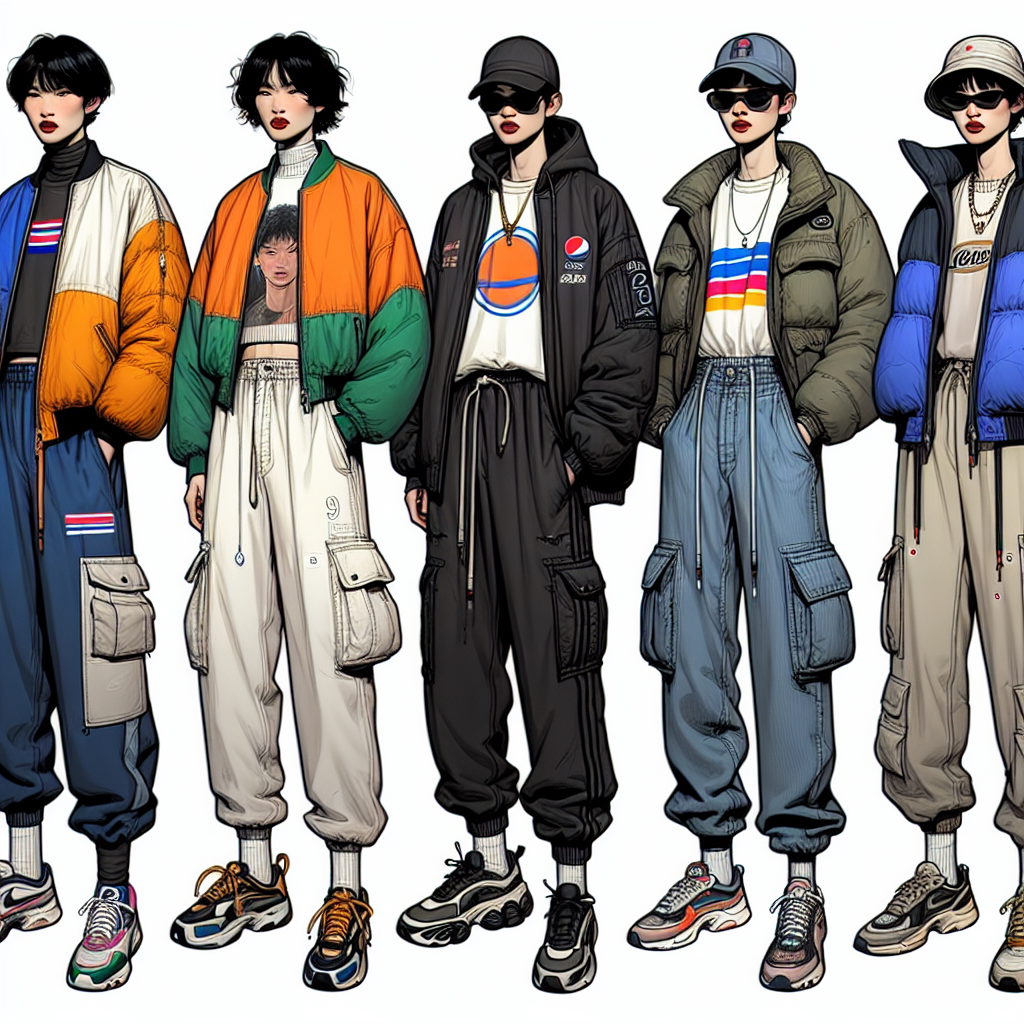 Generate an array of seven different trendy streetwear ensembles as seen in urban culture. The first outfit should consist of a brightly colored bomber jacket, high-waisted distressed jeans worn by a South Asian male. The second outfit should show a Middle-Eastern female in oversized graphic t-shirt, baggy cargo pants with chunky sneakers. For the third, depict a White male in a trendy tracksuit paired with a beanie. The fourth to showcase a Black female in a chic crop top, paired with wide-leg pants and a bucket hat. For the fifth, an Hispanic male should be wearing a vintage sportswear with retro sneakers. The sixth outfit should feature a femme androgynous-identified East Asian individual in a parka jacket, skinny jeans and combat boots. Lastly, depict a North African female in a high-end puffer jacket, joggers paired with dad sneakers.