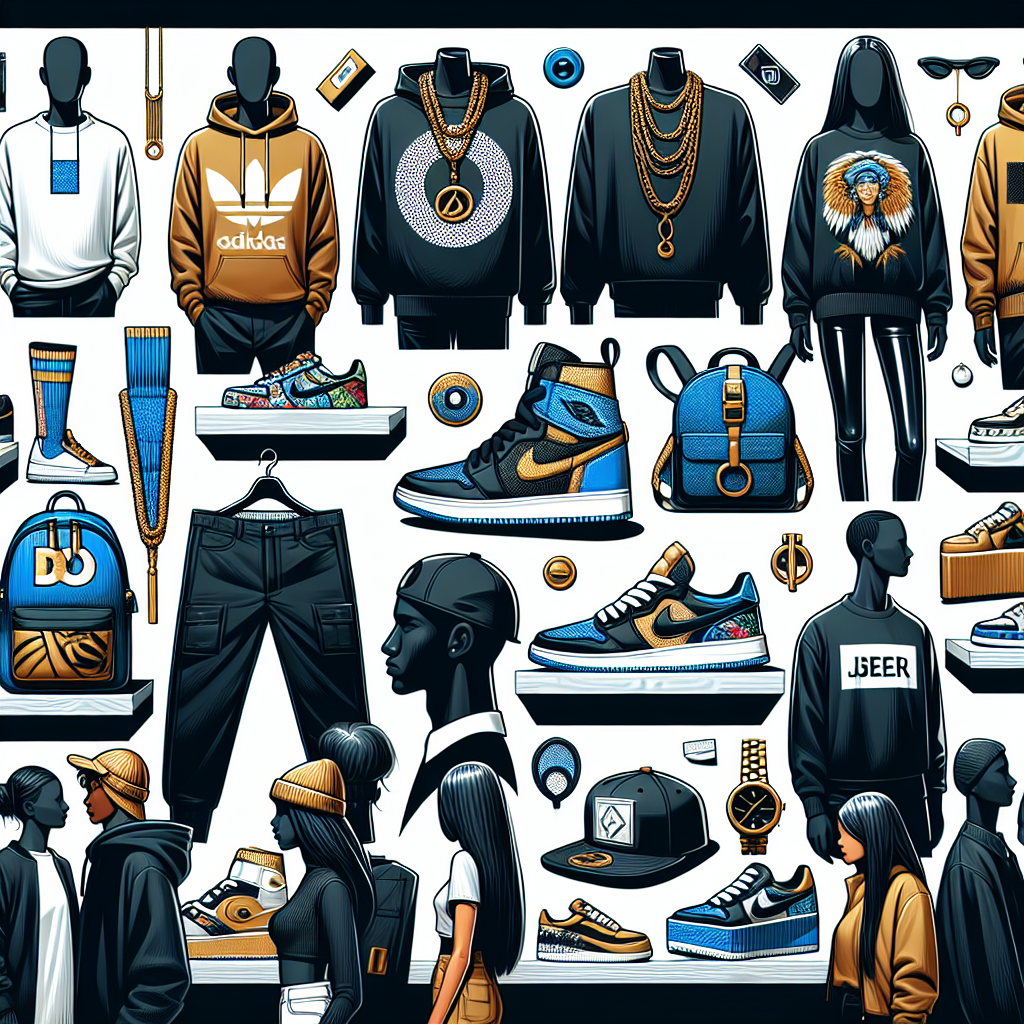 Visualize a modern streetwear shopping scene encapsulating seven exclusive trend items. Picture a trendy store filled with various streetwear items. These include: a unique pair of sneakers with striking detailing, a minimalist logo printed hoodie, sleek black denim, a layered gold chain necklace, a snapback cap with an abstract design, high socks featuring pop art, and a leather backpack with street-inspired patches. Several shoppers of different genders and descents such as Hispanic male, Black female, Middle-Eastern male, and South Asian female are browsing these must-have pieces.
