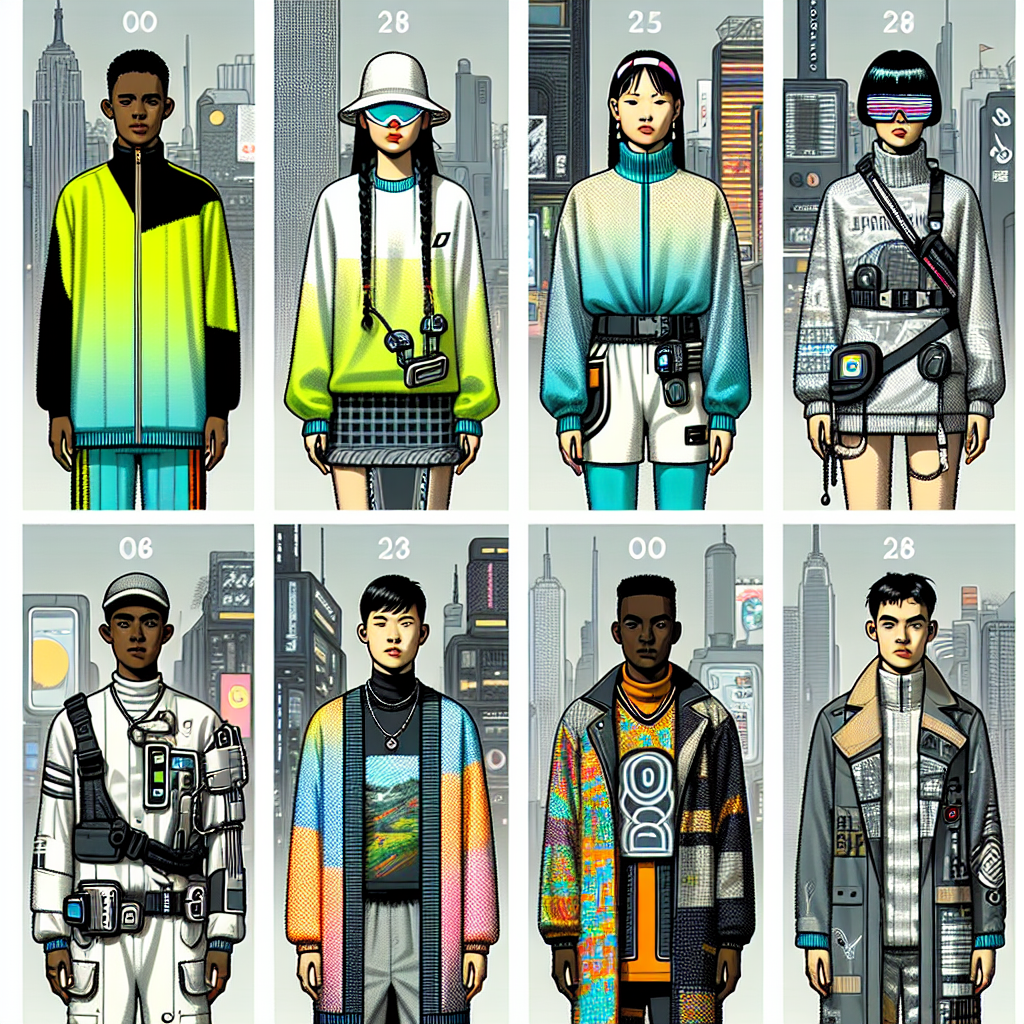 Imagine a bustling cityscape setting in the year 2025. The illustration showcases seven distinct people, each embodying a different upcoming trend in streetwear fashion. The first person, a Middle-Eastern male, dons neon-colored vintage sportswear. The second person, an Asian female, flaunts a minimalist monochrome ensemble. A tiny robotic accessory is attached to her. A South Asian male, in the third tableau, is clothed in an apparel fashioned entirely from upcycled materials. The fourth person, a White female, wears layered outfits imbued with futuristic digital prints. An African male in the fifth frame showcases oversized silhouettes with deconstructed elements. The sixth person, a Hispanic female, is highlighted in vibrant patterned fabric and zero-waste clothing. The last person, a Caucasian male, is attired in a combination of military-inspired pieces and techwear.