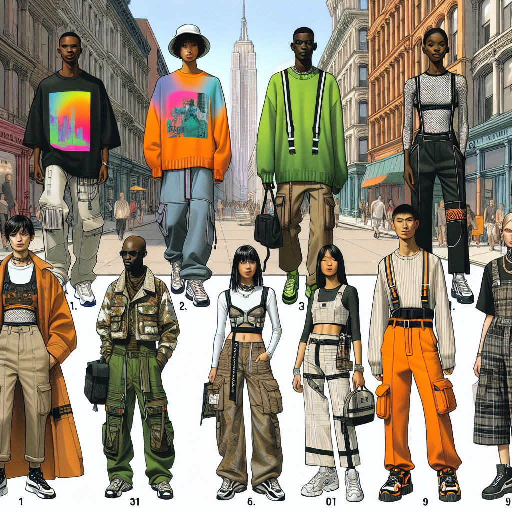 Envision a vibrant scene on a city street in the year 2025 teeming with people showcasing the 7 latest streetwear trends. 1. A Black man donning oversized graphic t-shirts with neon colors. 2. A Hispanic woman wearing high-waisted cargo pants with a minimalist monochromatic crop top. 3. A Caucasian man strutting in high-top sneakers with futuristic reflective elements. 4. A Southeast Asian woman showing off her coordinating accessories, like bucket hats and fanny packs, in geometric patterns. 5. A Middle Eastern man wearing a utilitarian jacket with multiple pockets in earthy tones. 6. A Pacific Islander woman with extreme flared jeans in washed denim. 7. A transgender South Asian individual draped in a gender-neutral one-piece jumpsuit in vibrant tie-dye colors. The layout should include diverse architectural elements evoking an urban environment.